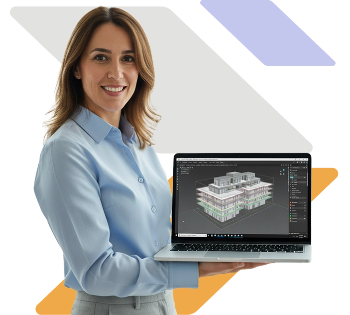 persona d ufficio tiene in mano un computer mostrando un progetto bim