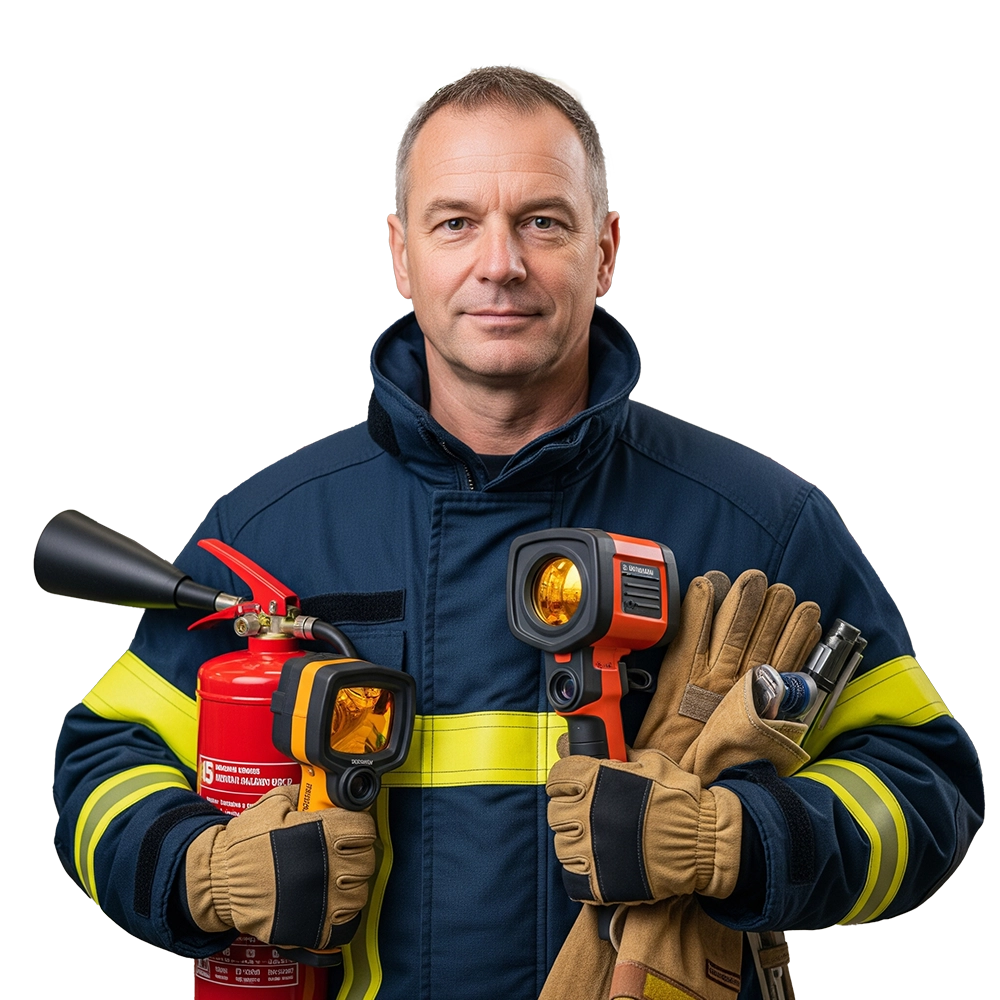 professionista antincendio guarda in camera indossa un abbigliamento tecnico