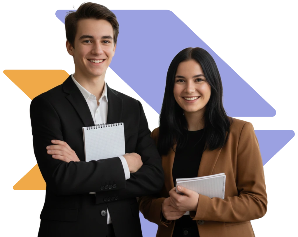 ragazzi giovani sorridenti indossano giacche elegenti in mano un blocco note